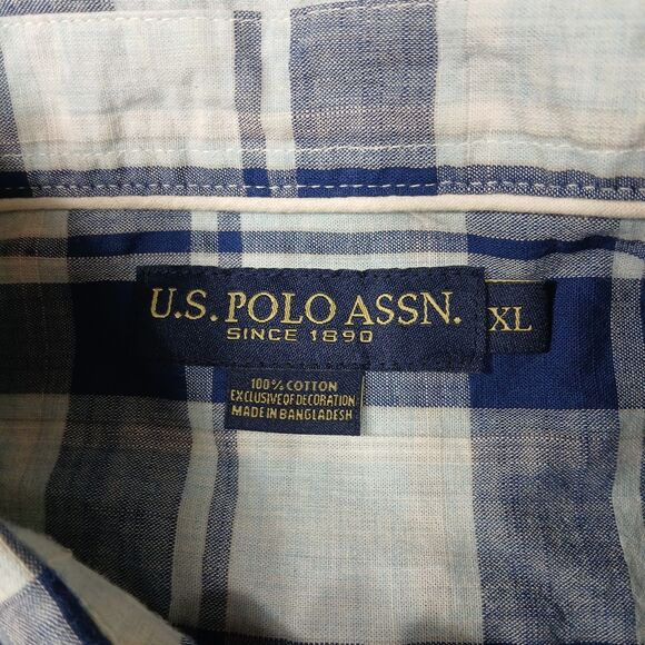 U.S Polo Assn Men's Button Down 100% Cotton Blue Plaid XL Short Sleeve‎ Shirt - Picture 5 of 7